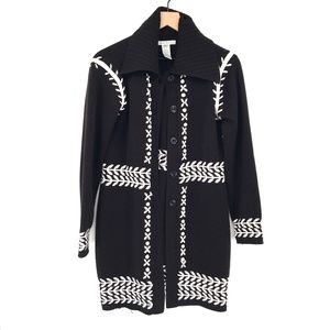 Nine West Duster Cardigan sweater Black Scandinavian geometric embroidered L